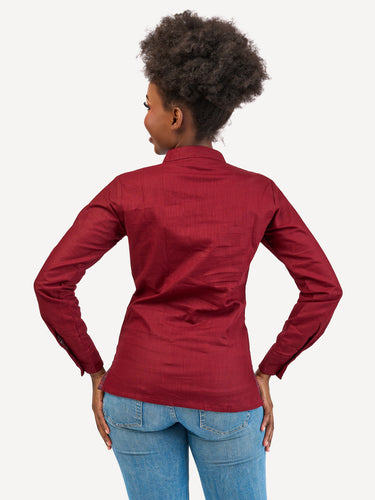 Linen Blouse: Burgundy with Dark Crimson Print