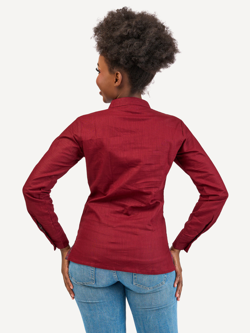 Linen Blouse: Burgundy with Dark Crimson Print