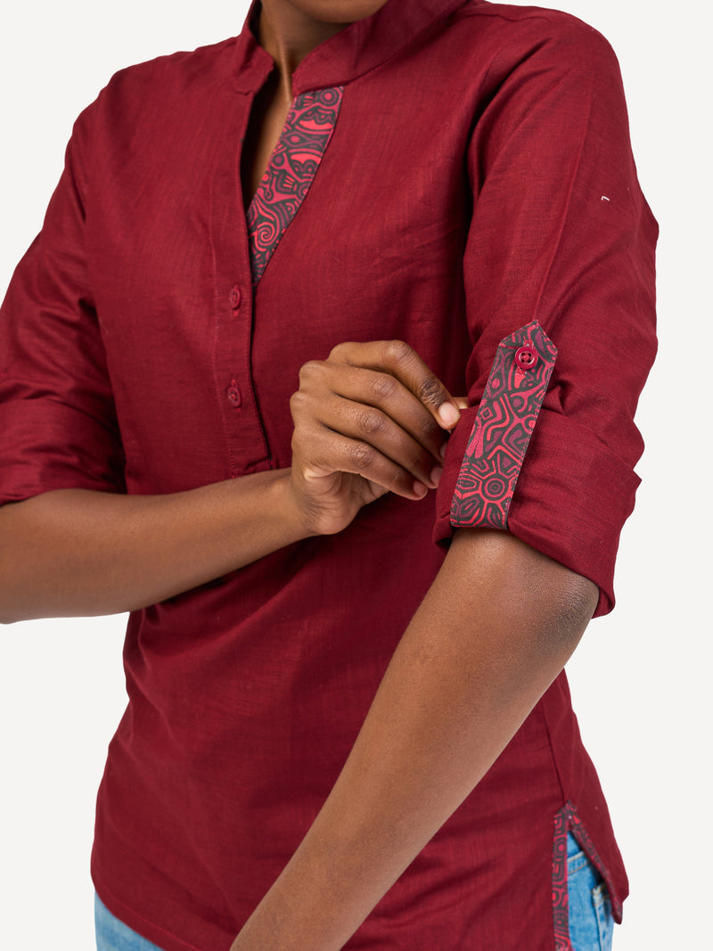 Linen Blouse: Burgundy with Dark Crimson Print