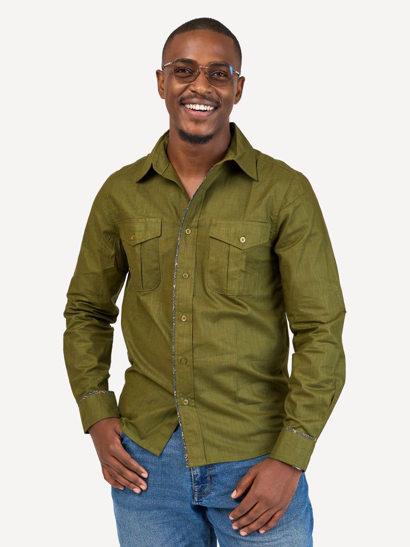 Linen Long-Sleeve Safari Shirts: Jungle Green with Jungle Safari Print
