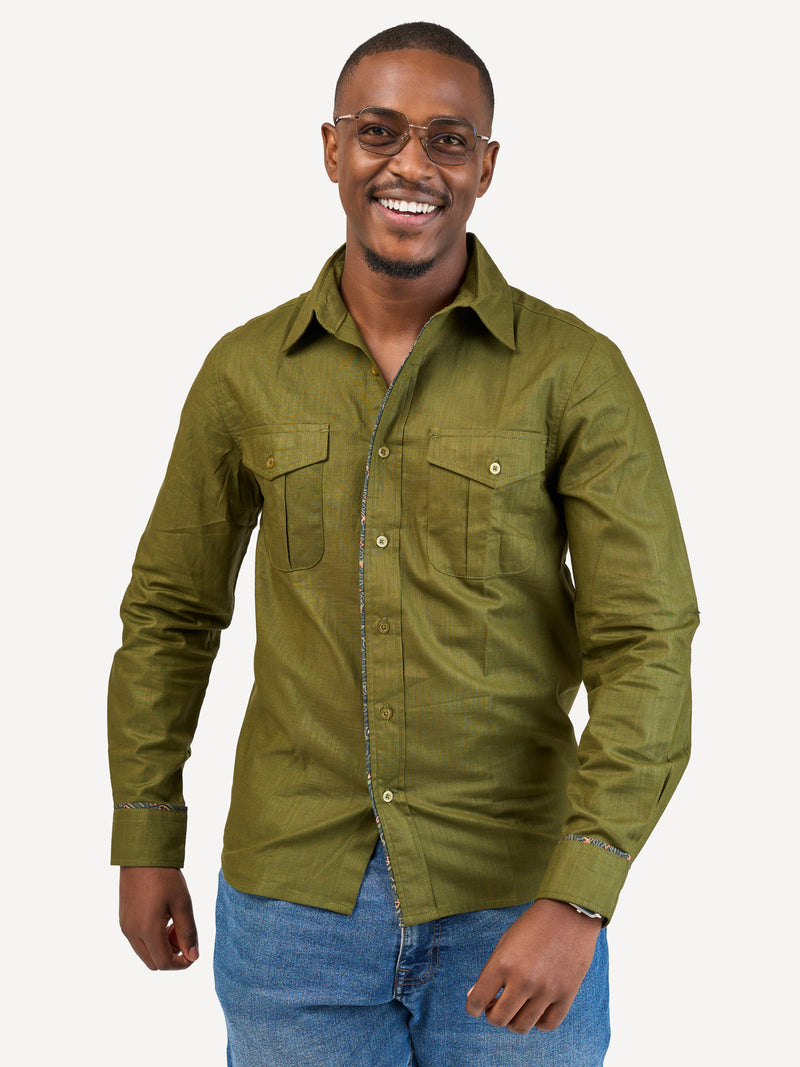 Linen Long-Sleeve Safari Shirts: Jungle Green with Jungle Safari Print