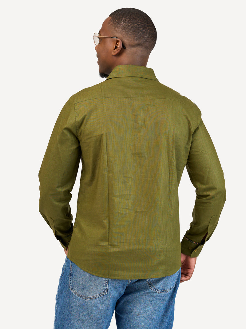 Linen Long-Sleeve Safari Shirts: Jungle Green with Jungle Safari Print