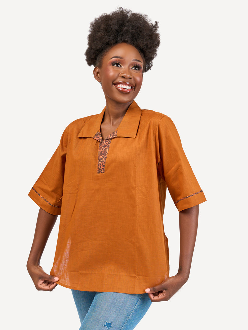 Boxy Linen Shirt: Mustard Brown with Dessert Pulse Print
