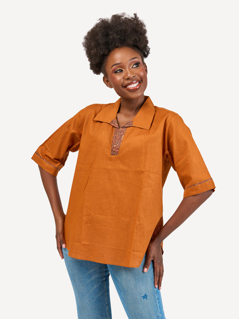 Boxy Linen Shirt: Mustard Brown with Dessert Pulse Print