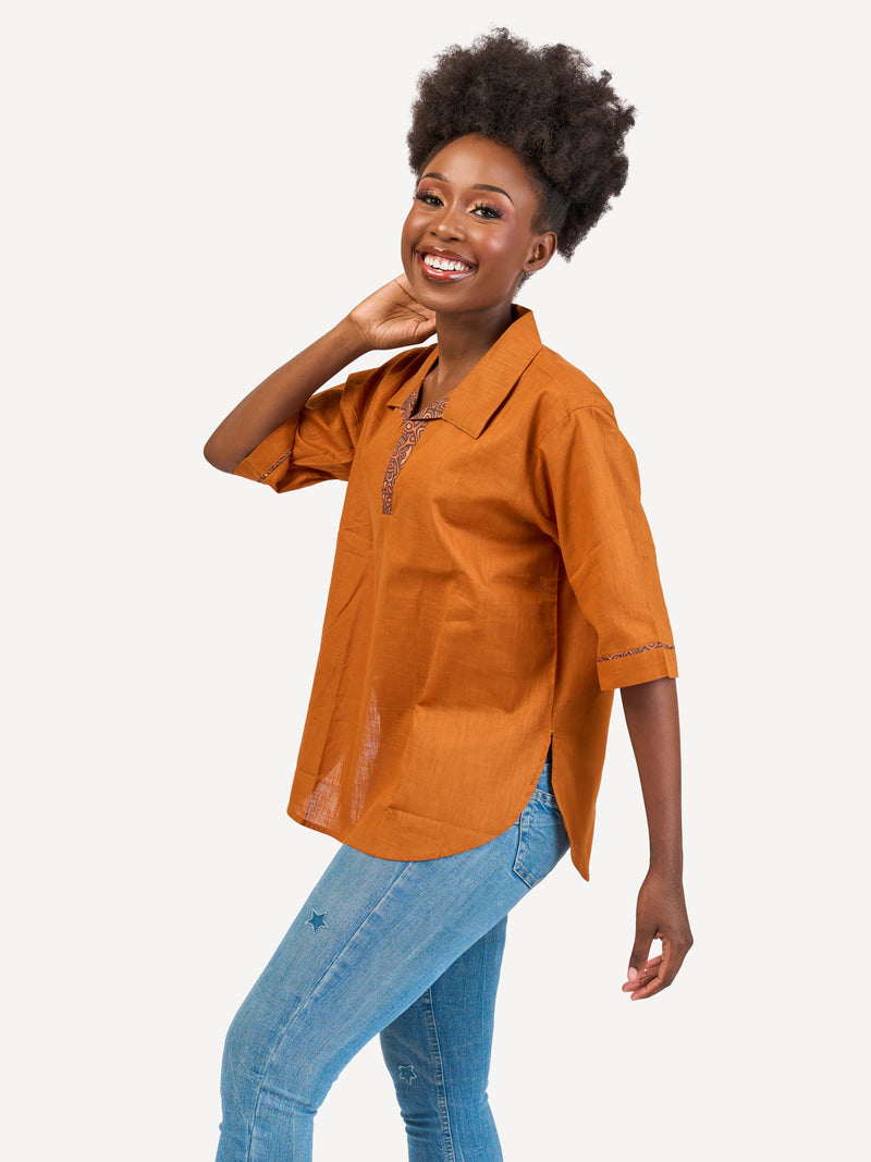 Boxy Linen Shirt: Mustard Brown with Dessert Pulse Print