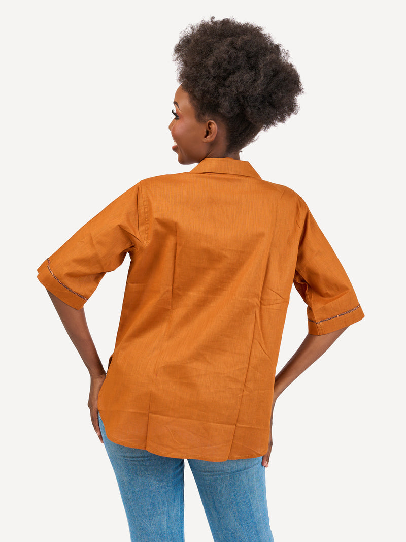 Boxy Linen Shirt: Mustard Brown with Dessert Pulse Print