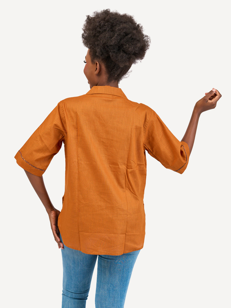 Boxy Linen Shirt: Mustard Brown with Dessert Pulse Print