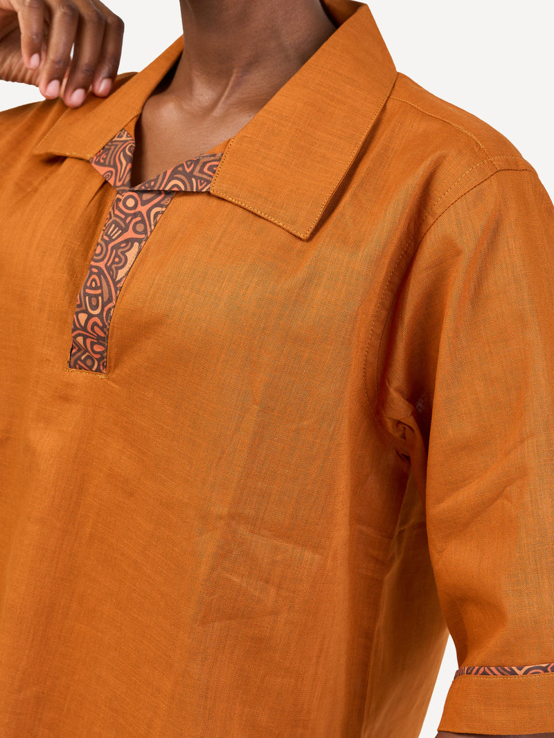 Boxy Linen Shirt: Mustard Brown with Dessert Pulse Print