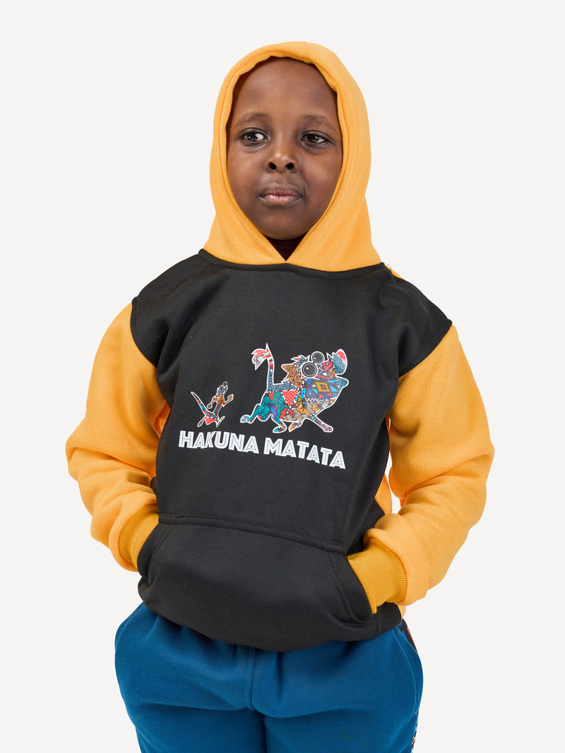 Kali Kids Block Graphic Hoodies: Black & Yellow with HM Timon & Pumba