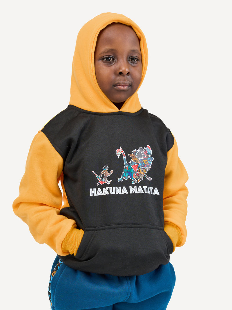 Kali Kids Block Graphic Hoodies: Black & Yellow with HM Timon & Pumba