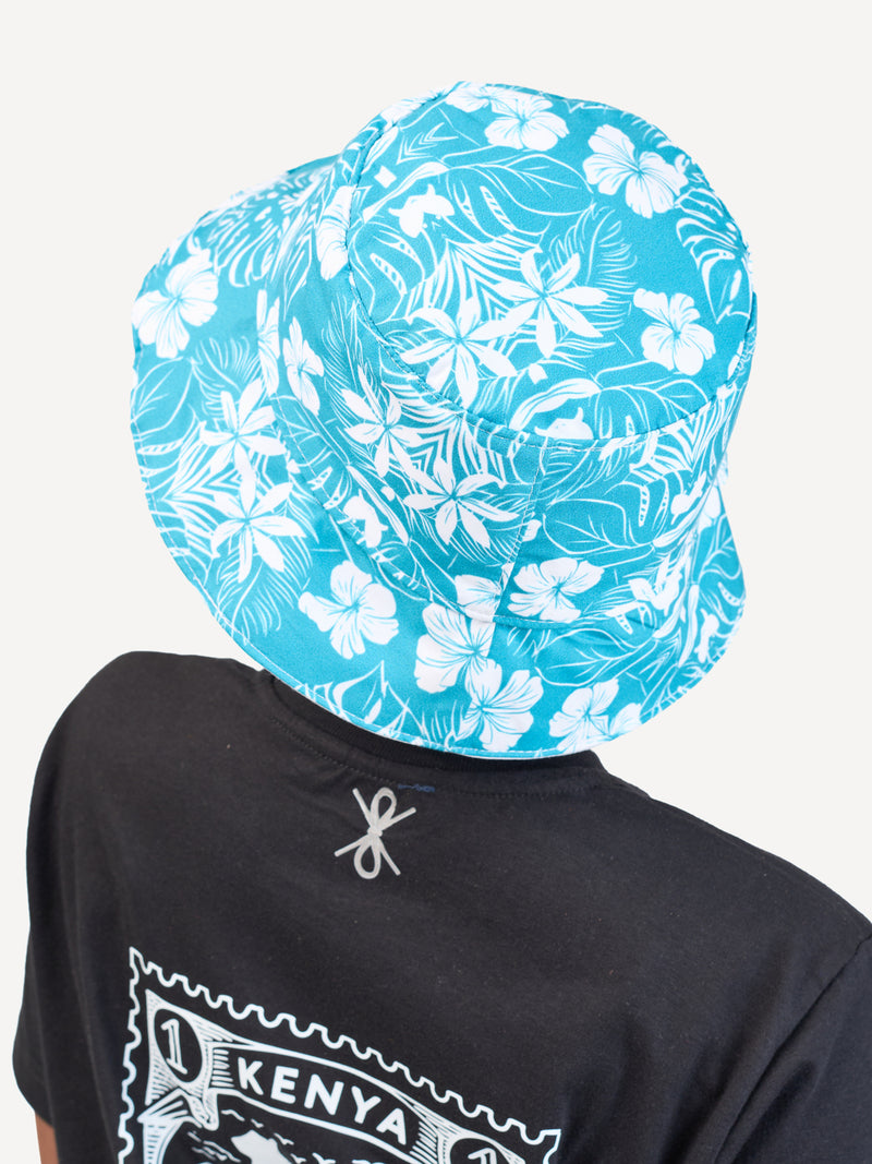 Kali Bucket Hats: White with Blue Floral Print