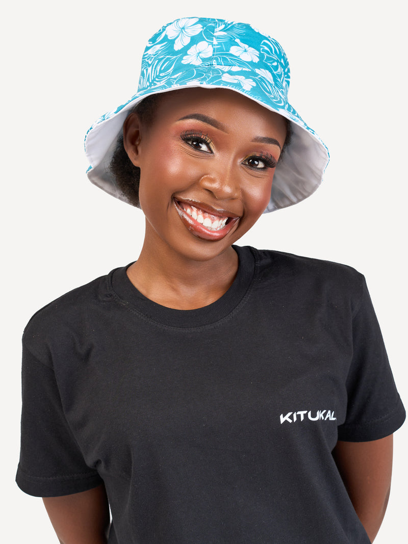 Kali Bucket Hats: White with Blue Floral Print