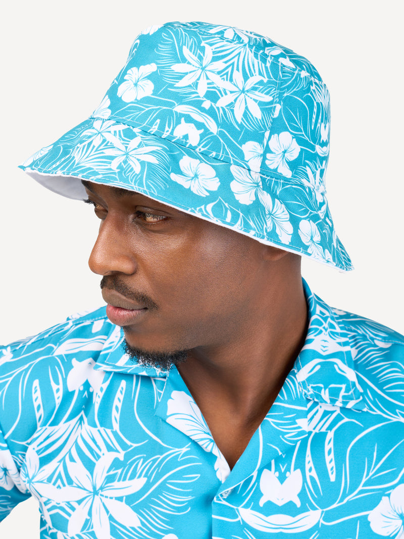 Kali Bucket Hats: White with Blue Floral Print