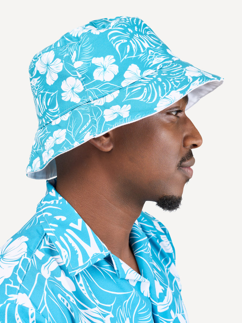 Kali Bucket Hats: White with Blue Floral Print