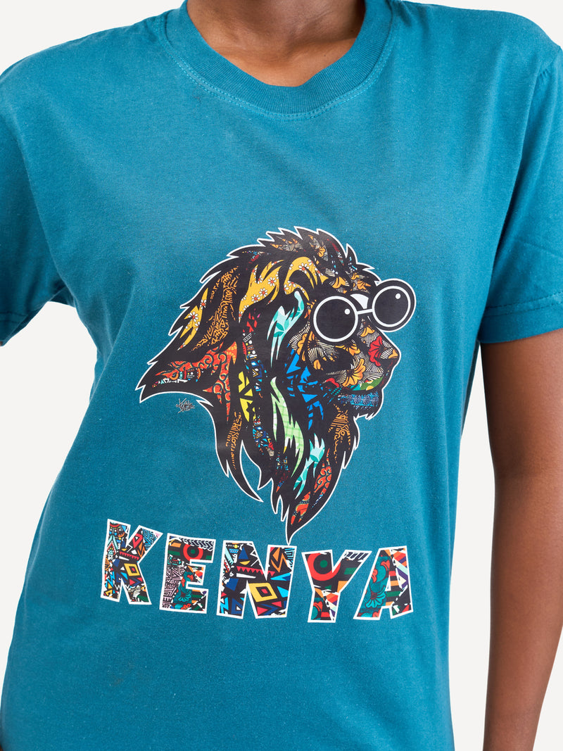 Kali Graphic Ts: Petrol Blue with Kenya Simba
