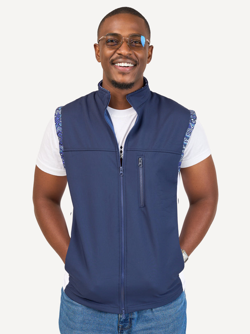 Kali Move Men's Sleeveless Softshells: Navy & White with Terra Blue Print