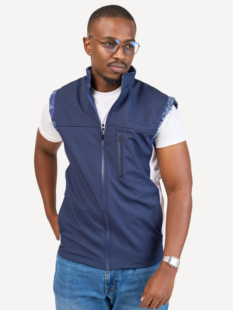 Kali Move Men's Sleeveless Softshells: Navy & White with Terra Blue Print