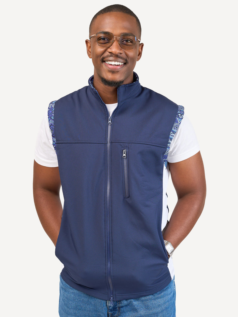Kali Move Men's Sleeveless Softshells: Navy & White with Terra Blue Print