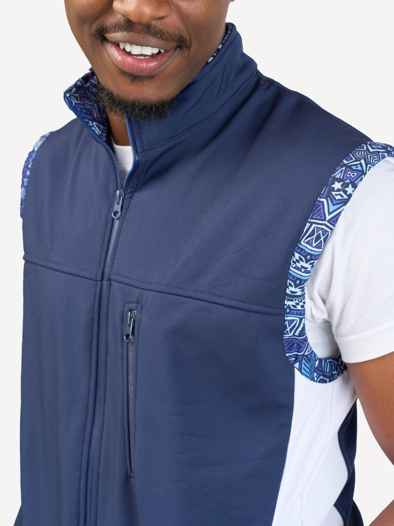 Kali Move Men's Sleeveless Softshells: Navy & White with Terra Blue Print