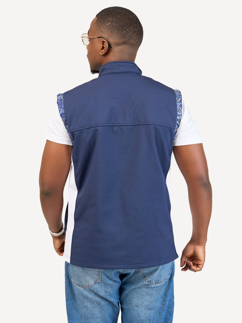 Kali Move Men's Sleeveless Softshells: Navy & White with Terra Blue Print