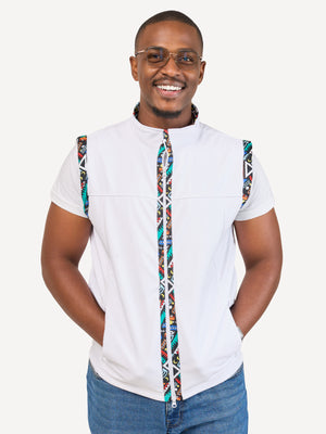 White with Blue Tribal Mens Softshell Jacket: Sleeveless