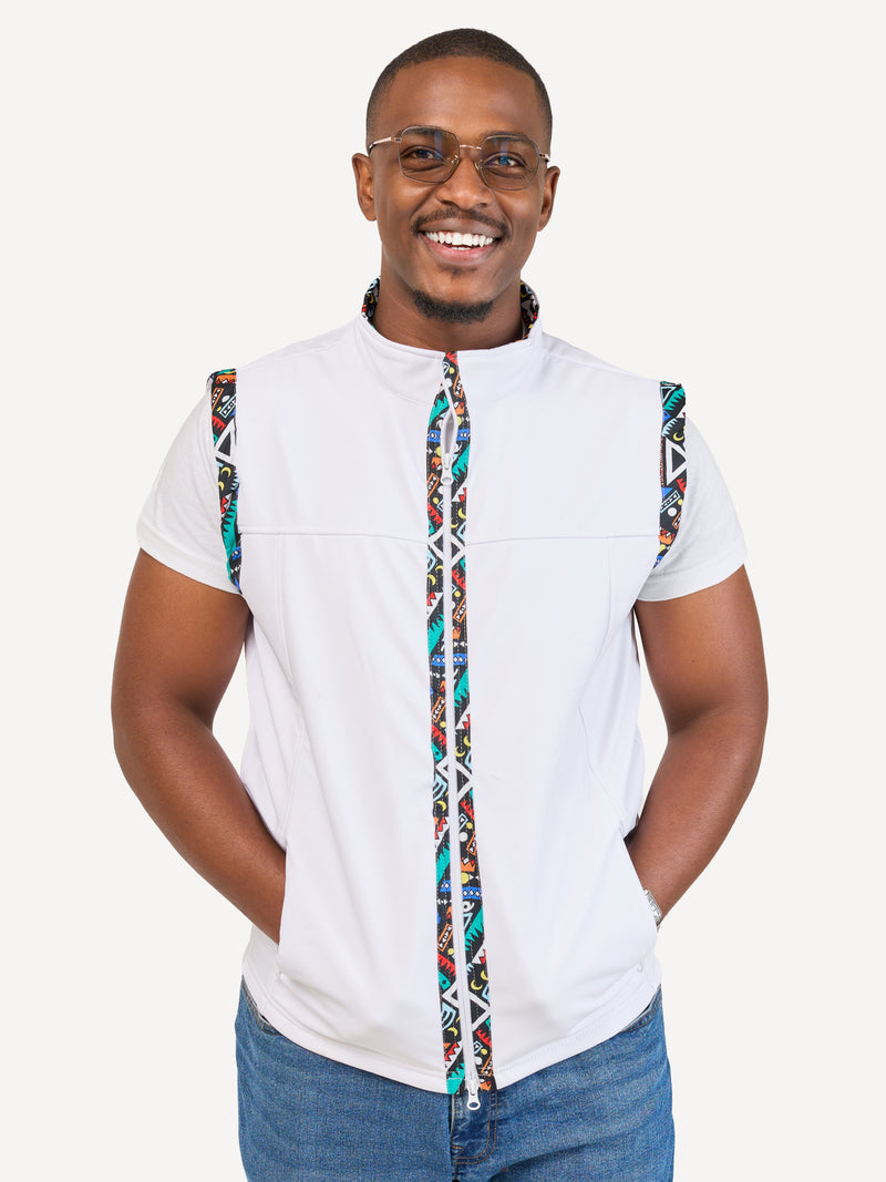 White with Blue Tribal Mens Softshell Jacket: Sleeveless
