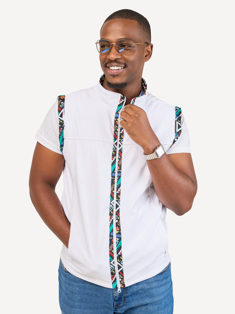 White with Blue Tribal Mens Softshell Jacket: Sleeveless