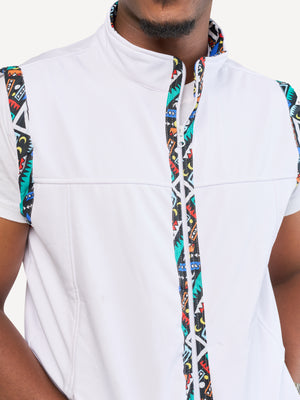 White with Blue Tribal Mens Softshell Jacket: Sleeveless