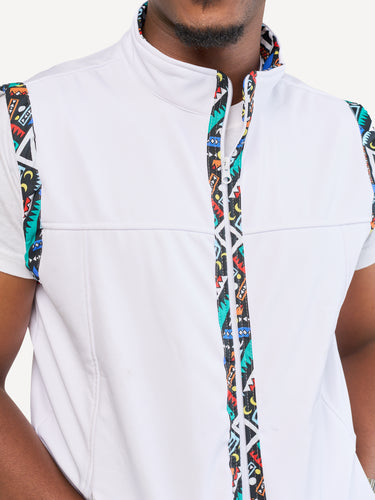 White with Blue Tribal Mens Softshell Jacket: Sleeveless