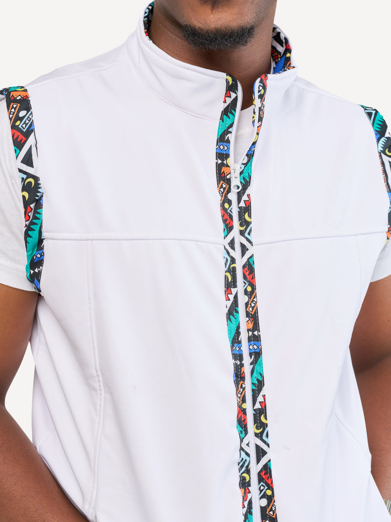 White with Blue Tribal Mens Softshell Jacket: Sleeveless