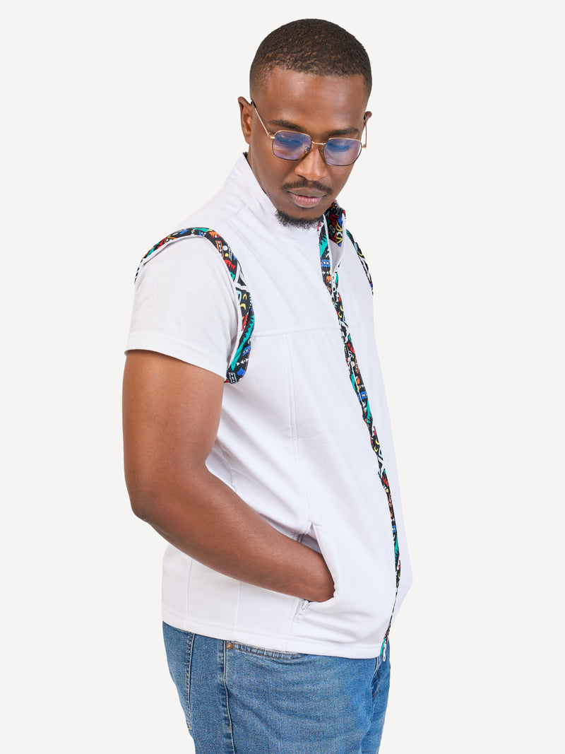 White with Blue Tribal Mens Softshell Jacket: Sleeveless