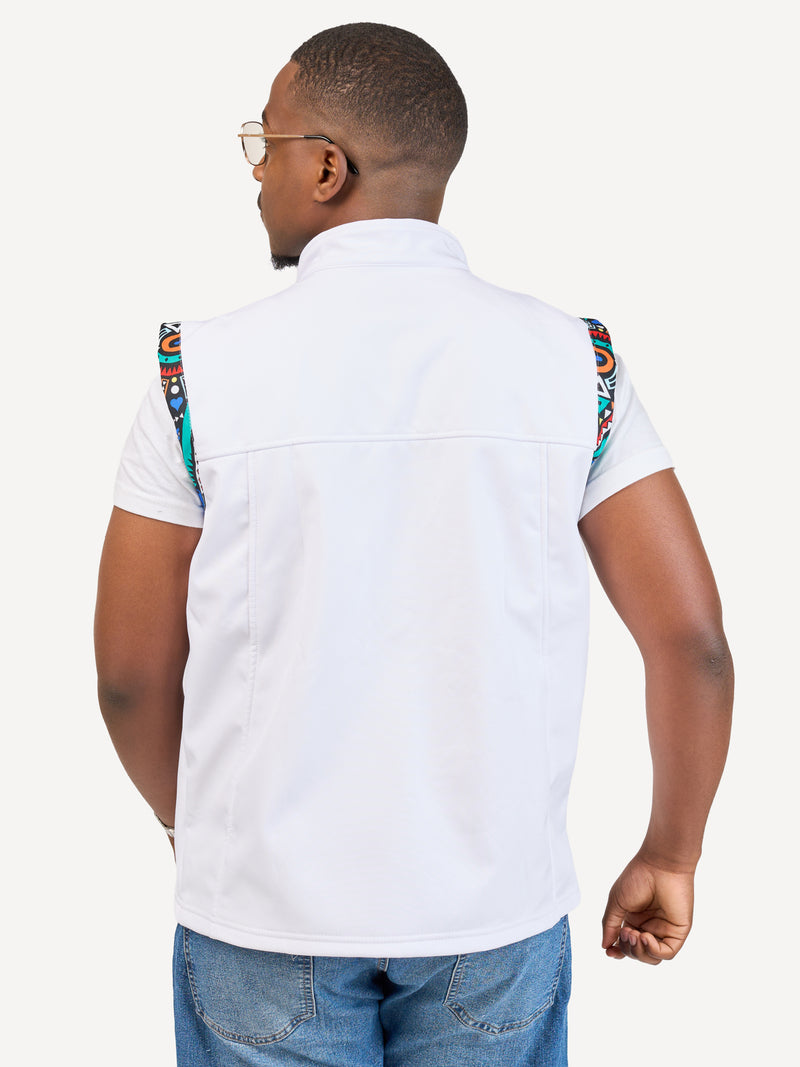 White with Blue Tribal Mens Softshell Jacket: Sleeveless
