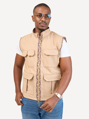 Kali Safari Sleeveless Softshell Jackets: Beige with Safari Grid Print