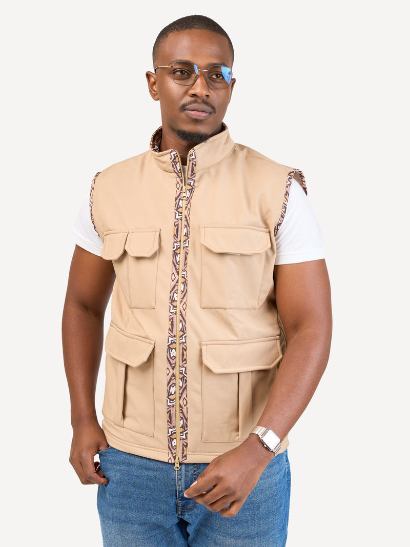 Kali Safari Sleeveless Softshell Jackets: Beige with Safari Grid Print