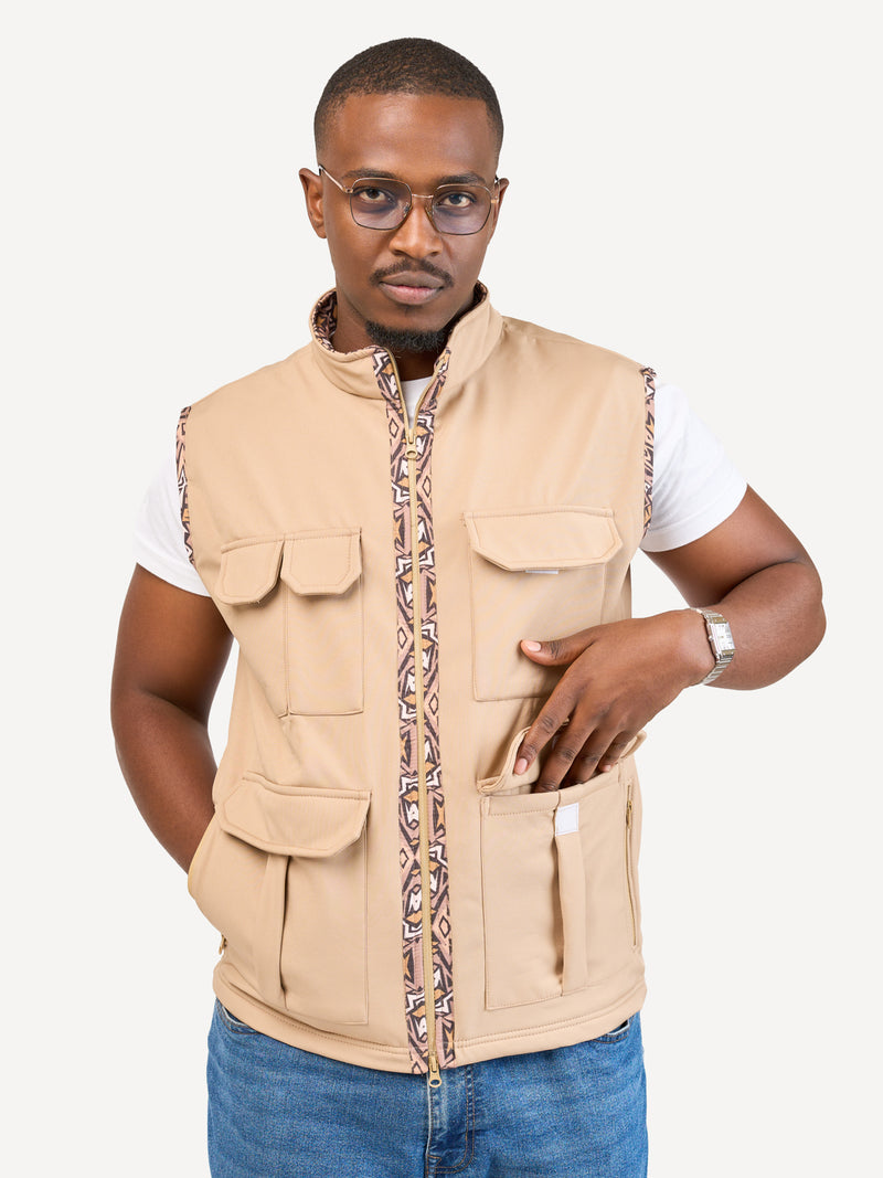 Kali Safari Sleeveless Softshell Jackets: Beige with Safari Grid Print