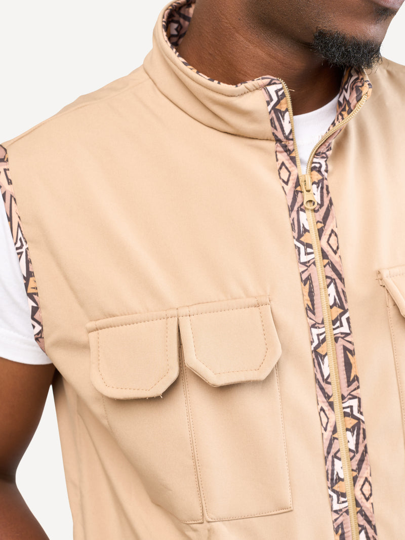 Kali Safari Sleeveless Softshell Jackets: Beige with Safari Grid Print