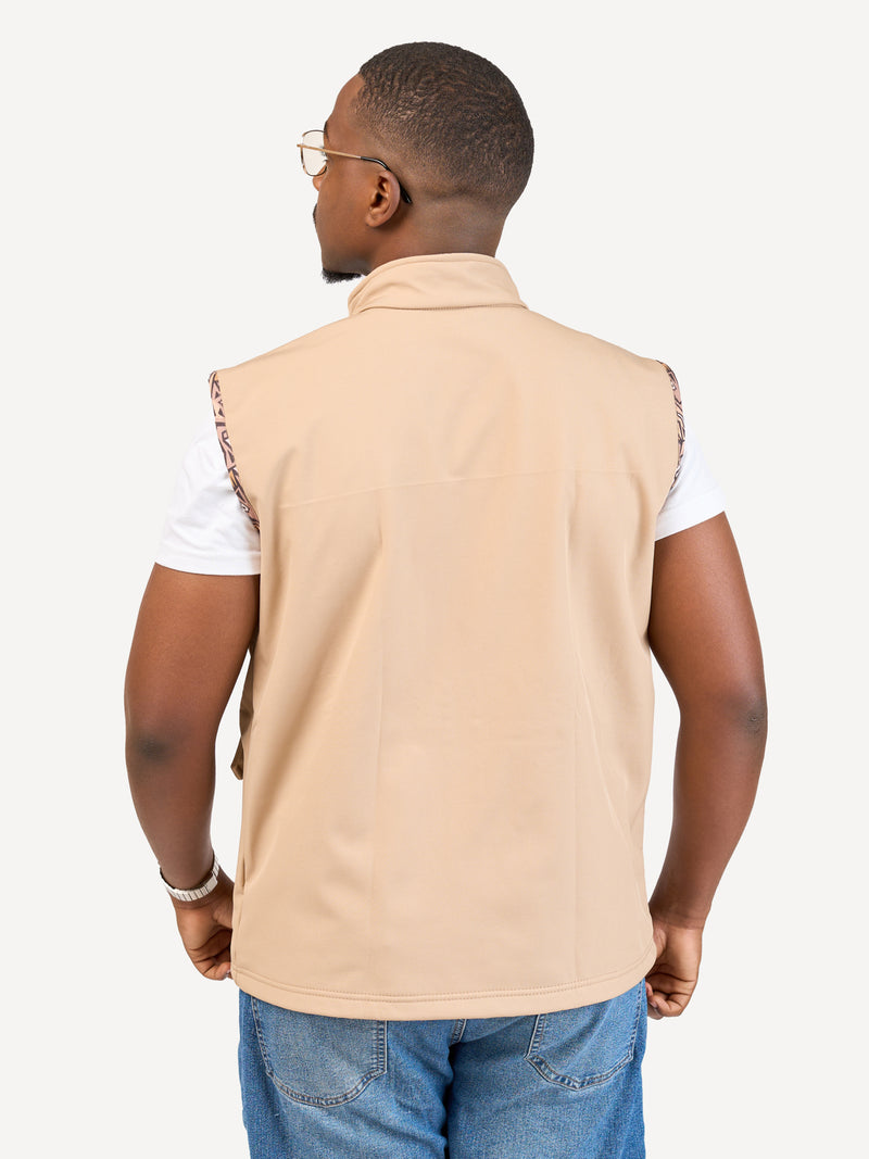 Kali Safari Sleeveless Softshell Jackets: Beige with Safari Grid Print