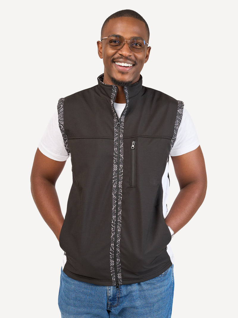 Kali Move Men's Sleeveless Softshells: Black & White with Chromatic Geo Print