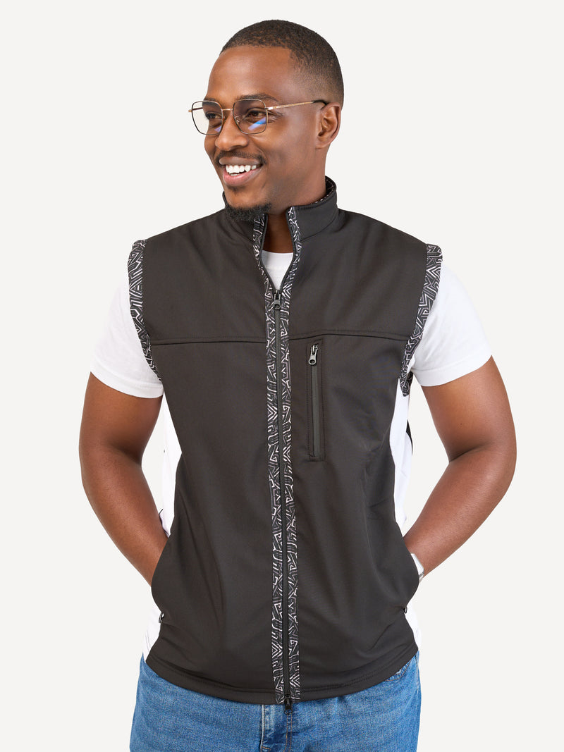 Kali Move Men's Sleeveless Softshells: Black & White with Chromatic Geo Print