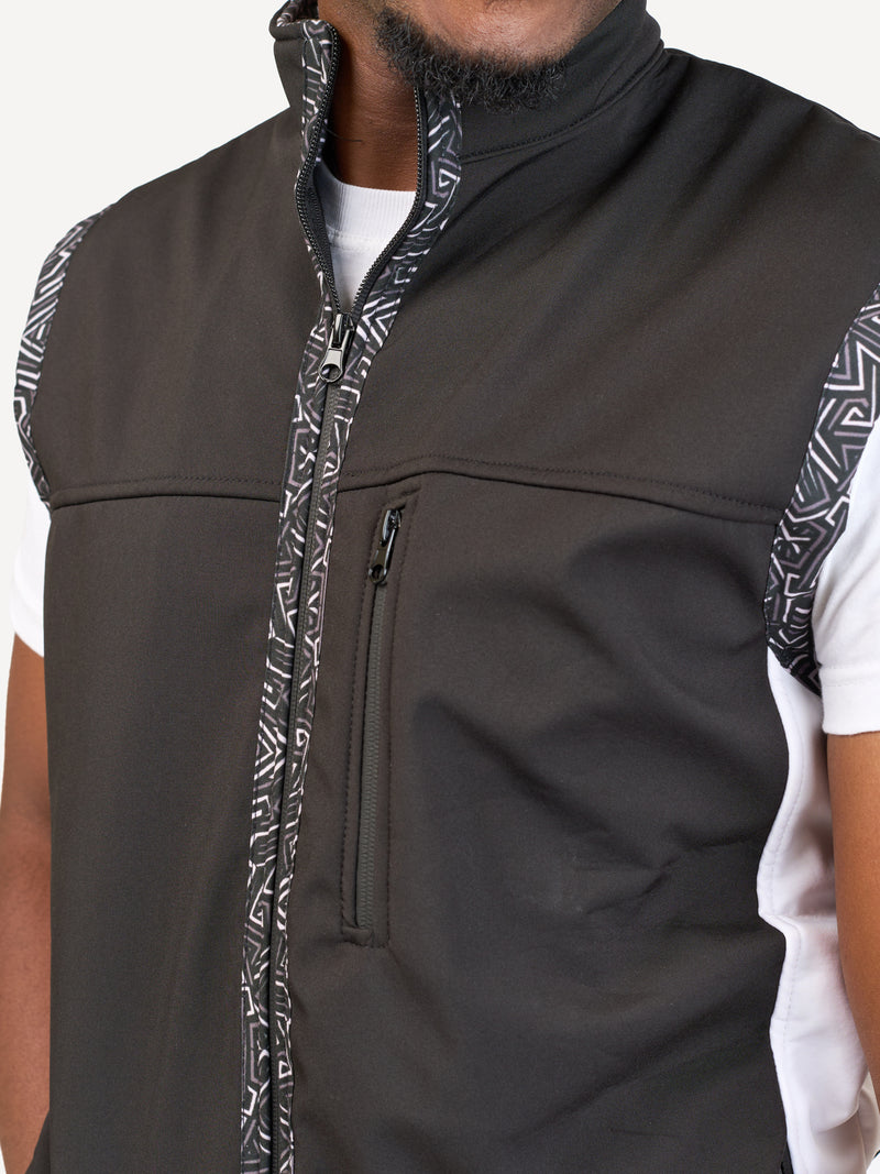 Kali Move Men's Sleeveless Softshells: Black & White with Chromatic Geo Print