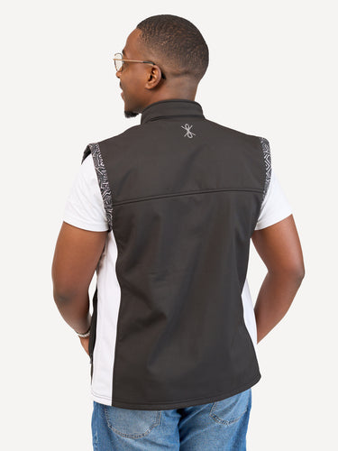 Kali Move Men's Sleeveless Softshells: Black & White with Chromatic Geo Print