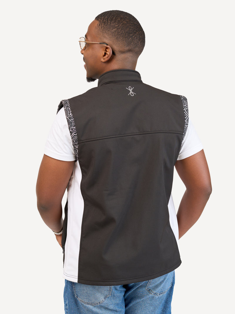 Kali Move Men's Sleeveless Softshells: Black & White with Chromatic Geo Print
