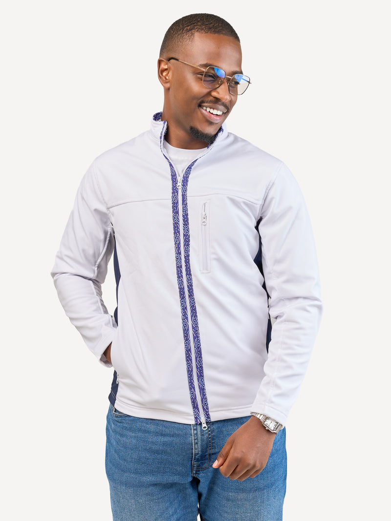 Kali Move Men's Full-Sleeve Softshells: White & Navy with Blue Wave Print