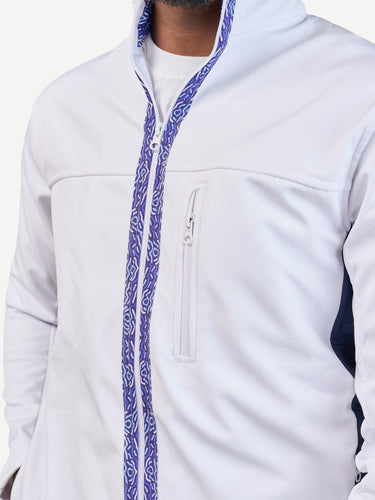 Kali Move Men's Full-Sleeve Softshells: White & Navy with Blue Wave Print