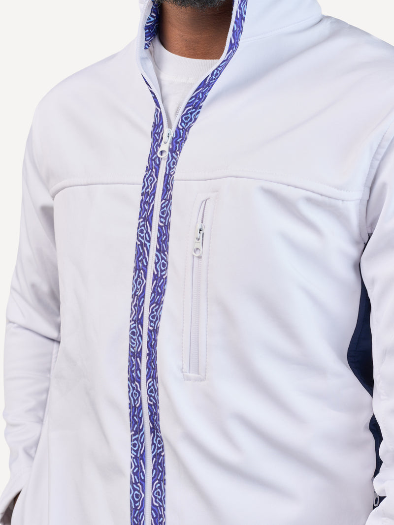 Kali Move Men's Full-Sleeve Softshells: White & Navy with Blue Wave Print