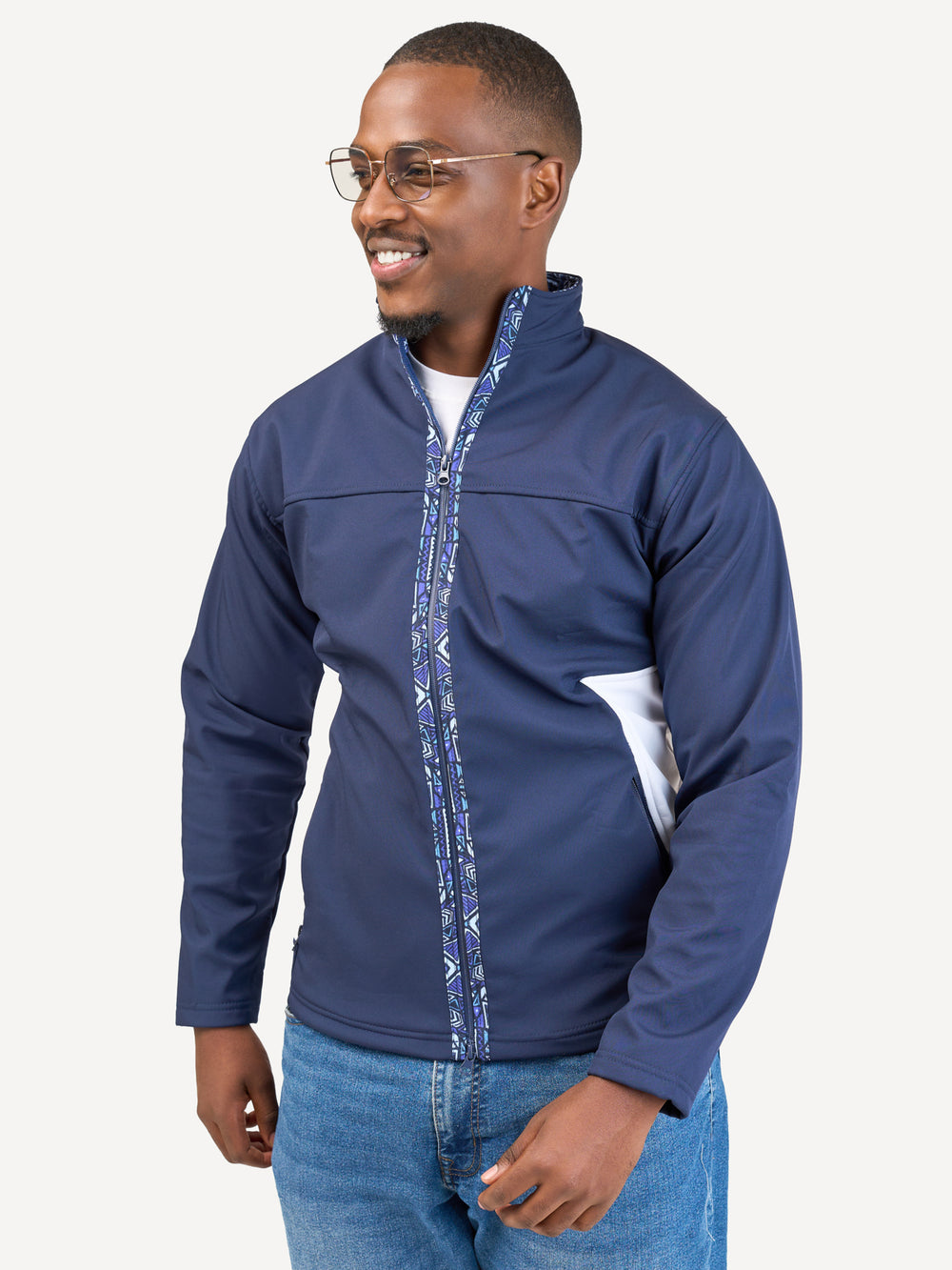 Kali Move Men's Full-Sleeve Softshells: Navy & White with Terra Blue Print