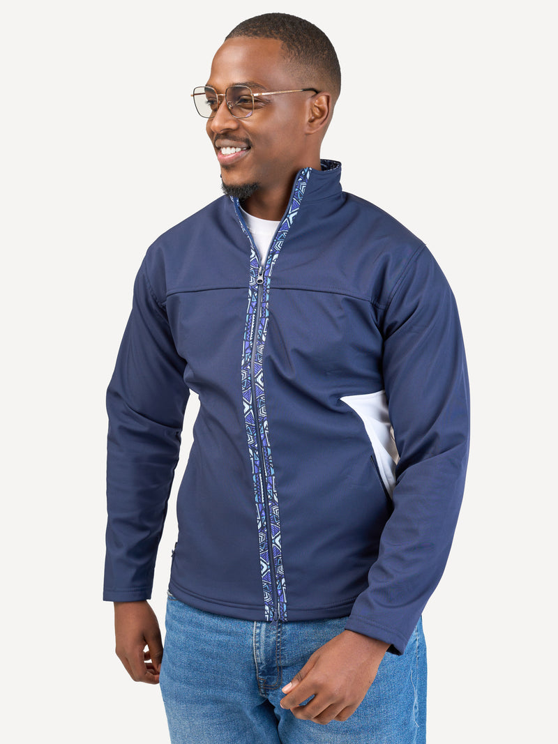 Kali Move Men's Full-Sleeve Softshells: Navy & White with Terra Blue Print
