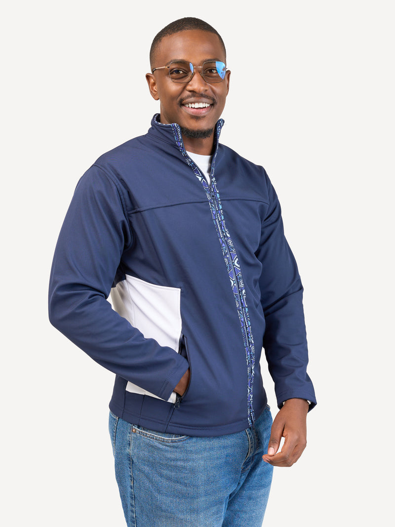 Kali Move Men's Full-Sleeve Softshells: Navy & White with Terra Blue Print