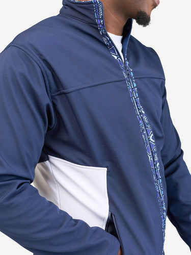 Kali Move Men's Full-Sleeve Softshells: Navy & White with Terra Blue Print