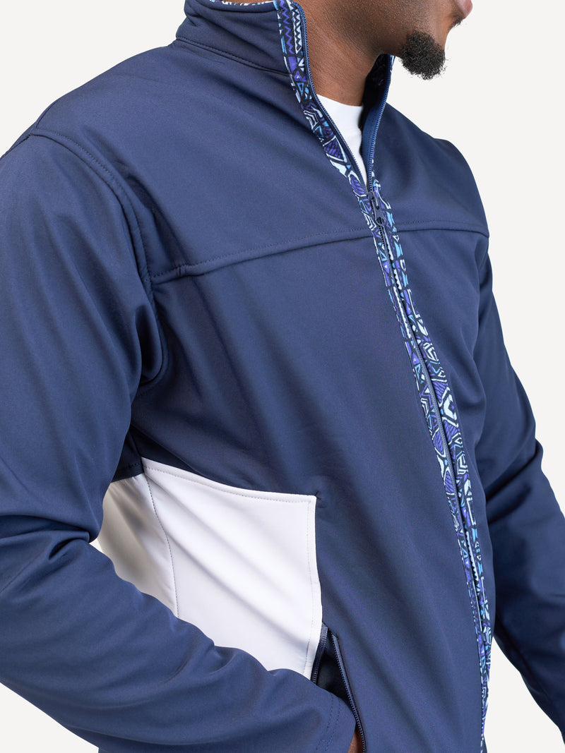 Kali Move Men's Full-Sleeve Softshells: Navy & White with Terra Blue Print